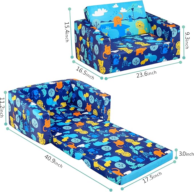 MallBest Kids Sofas Children's Sofa Bed Baby's Upholstered Couch Sleepover Chair Flipout Open Recliner(Blue)