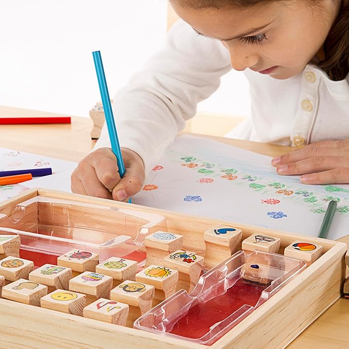 Melissa & Doug Wooden Stamp Set, Favorite Things - 26 Wooden Stamps, 4-Color Stamp Pad Kids Art Projects, Stamps With Washable Ink, For Kids Ages 4+