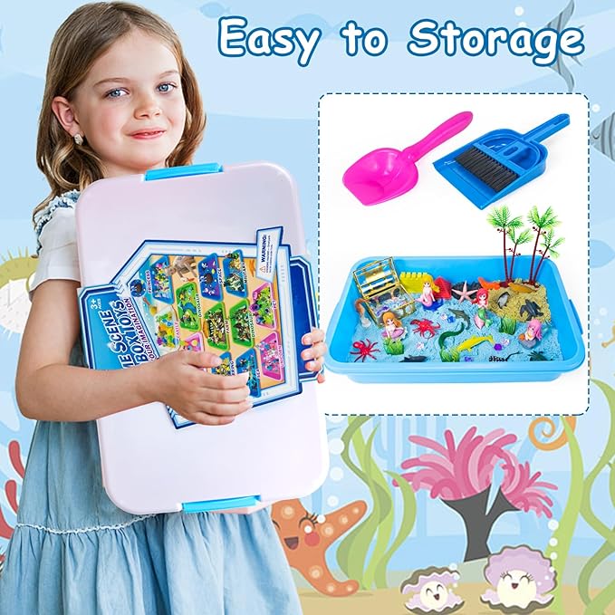 Ocean Sensory Bin, Mermaid Play Sand Kits Sensory Playsand for Boys Girls Ages 3 4 5 6 7 8 Gifts, 57 Pcs Mermaid Sensory Sand Kit Toys Castle Sea Animal Molds Sandbox Play Sand Kits Gift