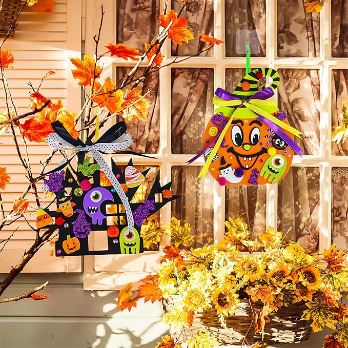 Winlyn 24 Sets Halloween Craft Kits DIY Halloween Pumpkin Ghost Bat Black Tree Ornaments Decorations Art Sets Fall Crafts Foam Stickers Arts and Crafts Supplies Kit for Kids Party Classroom Activities
