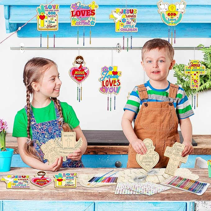 gisgfim 16 Pack Jesus Loves Me Crafts for Kids Wooden Religious Wind Chime Crafts Kits Make Your Own Christian Crafts Wooden DIY Arts for Party School Classroom Decorations Supplies Birthday Favors