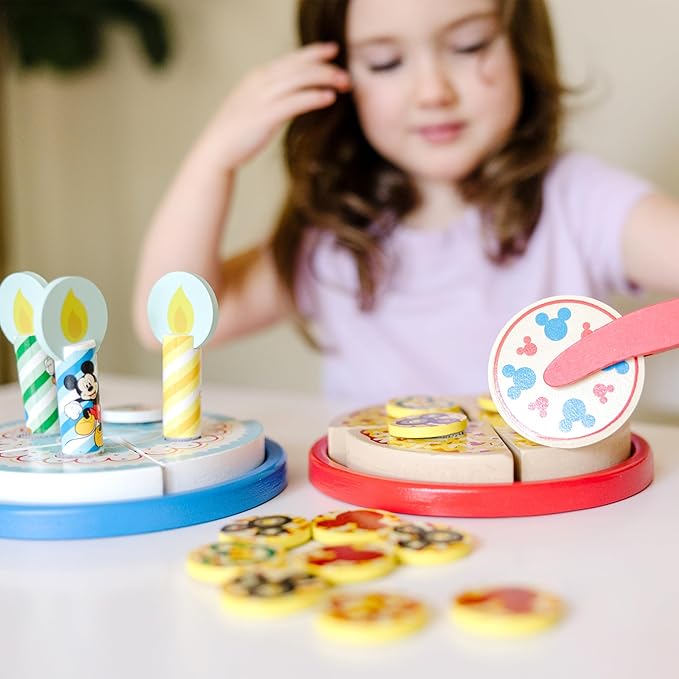 Melissa & Doug Mickey Mouse Wooden Pizza and Birthday Cake Set (32 pcs) - Play Food