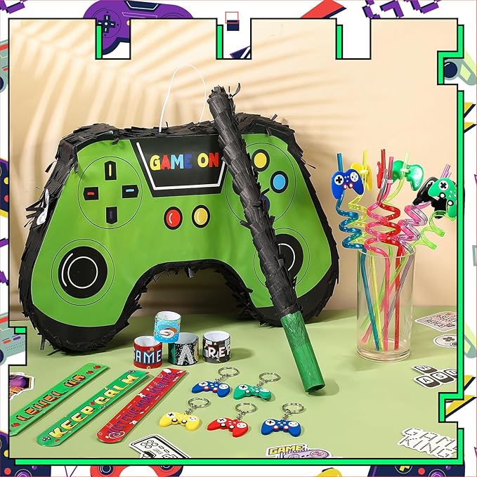 Meooeck 90 Video Game Party Favors Include Game Controller Piñata with Blindfold Baton Confetti Slap Bracelet Keychain Straw Sticker Gamer Party Favors Gamer Birthday Decorations for Theme(Green)