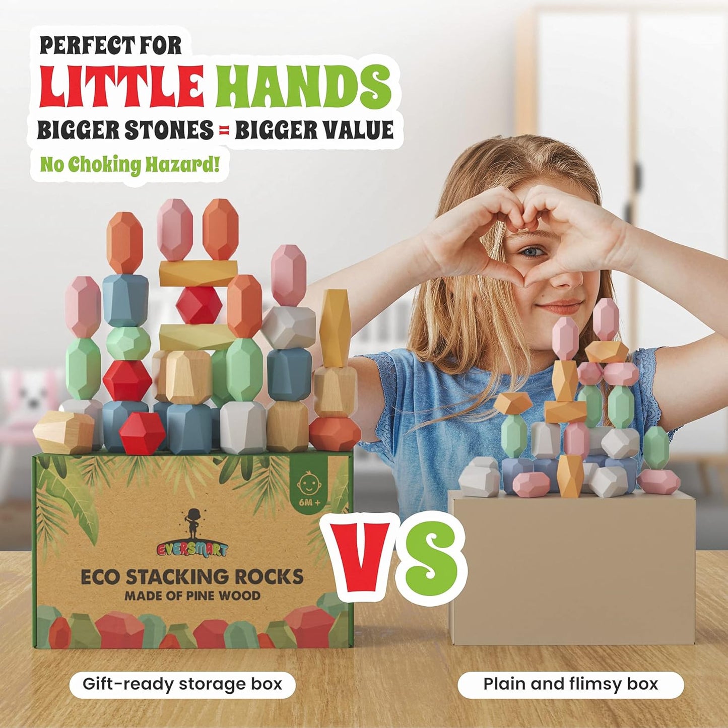 36 Pcs Wooden Stacking Blocks β Montessori Toys for 1 2 3 4 5 6 Year Old Toddlers and Kids, XL Rocks, No Choking Hazard β Sensory STEM Building Stones, for Girls and Boys