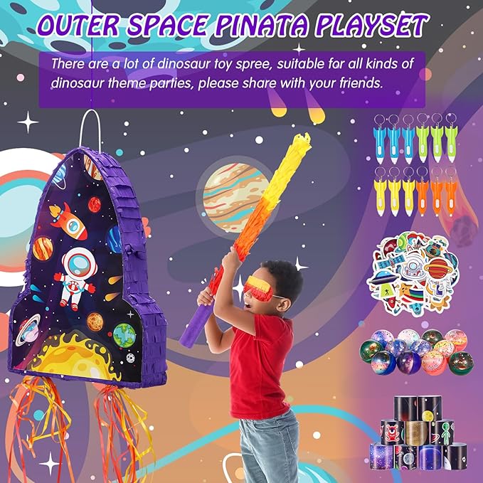 Meooeck 90 Pcs 16 x 12 x 3 Rocket Ship Pinata with Blindfold Pinata Stick Confetti Set, Kid Outer Space Party Favors Include Slap Bracelet Tattoo Sticker Bouncy Ball Flashlight Keychains Space Pinata