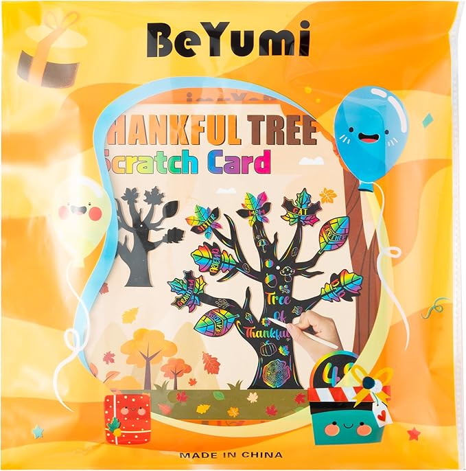 BeYumi Fall Trees Scratch Cards - 48Pcs Fall Thankful Leaves Trees Scratch Cards for Kids Thanksgiving DIY Magic Fall Tree Hanging Scratch Paper Thankful Craft Supplies School Classroom Fun Activities