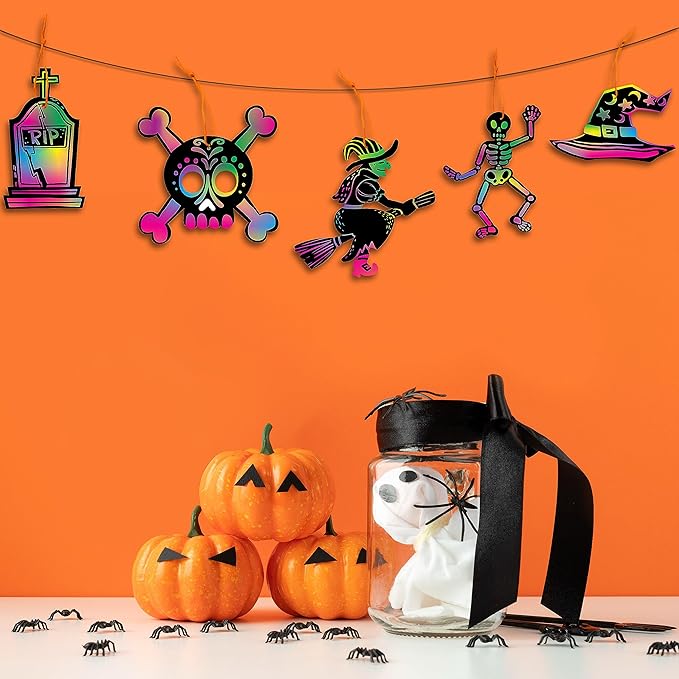 JOYIN 72 Pcs Halloween Rainbow Scratch Art Crafts for Kid, Halloween Party Favors, Scratch Paper for Party Supplies, Classroom Activities Gifts Party Game Goodies, Scratch Off Paper with 18 Designs