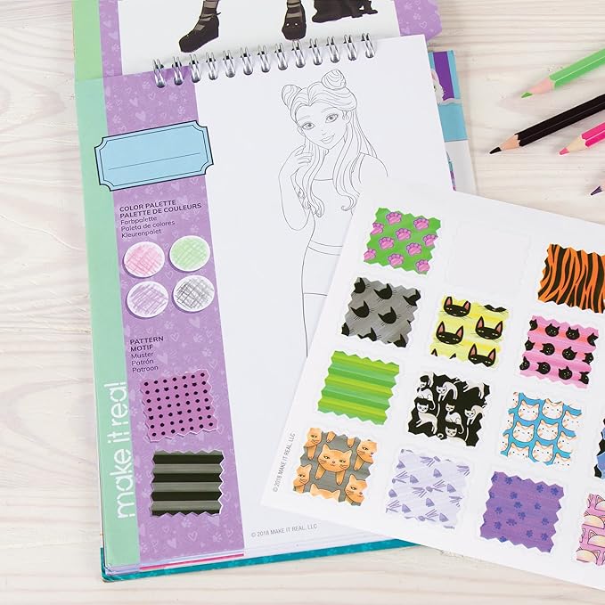 Make It Real Fashion Design Sketchbook for Girls - Pretty Kitty Cat-Themed Design Kit with Stencils, Stickers, Guide - Unleash Creativity, Develop Skills, for Kids Ages 6