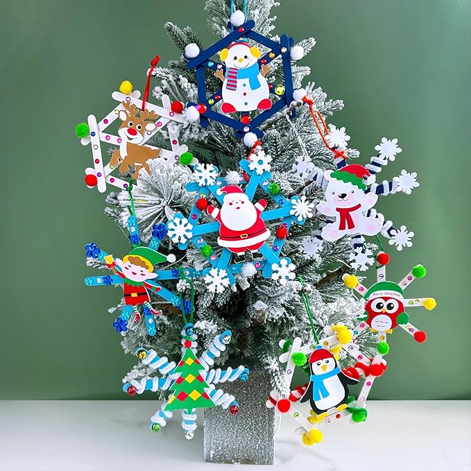 Winlyn 24 Sets Christmas Craft Kits Winter Crafts Popsicle Stick Snowflake Ornaments Decorations Art Sets Craft Stick Snowflake Christmas Stickers for Kids Holiday Classroom Activities Party Favors