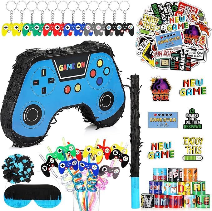 Meooeck 90 Video Game Party Favors Include Game Controller Piñata with Blindfold Baton Confetti Slap Bracelet Keychain Straw Sticker Gamer Party Favors Gamer Birthday Decorations for Theme(Blue)