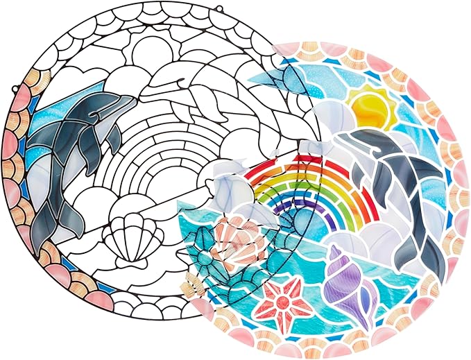 Melissa & Doug Stained Glass Made Easy Craft Kit: Dolphins - 180+ Stickers , Ocean Animals Crafts For Kids Ages 5+