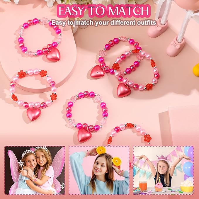 6 PCS Valentine's Day Girls Beaded Bracelets Cute Chunky Bubblegum Bracelets Heart Pendant Crystal Beaded Bracelet for Birthday Photo Props Costume Party Favors, Pink and Red