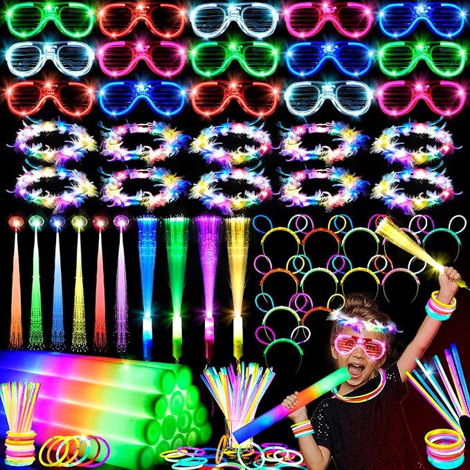 263 PCs Glow Party Supplies, 16 Foam Glow Sticks, 15 LED Glasses and 200 Glow Sticks & Bracelets, 10 light up headband feather,12 Glow sticks headband,6 Fiber Optic Hair Light,4 Glow Fiber Optic Wands