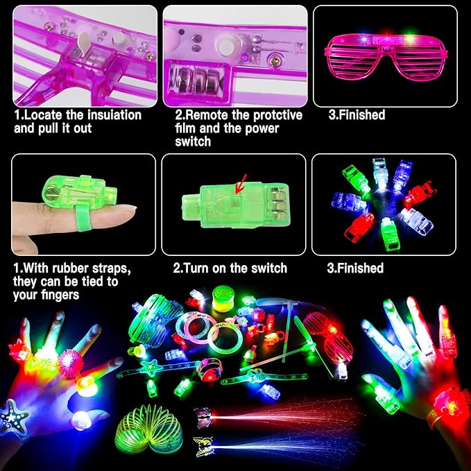 Max Fun 88Pcs LED Light Up Toy Party Favors Glow In The Dark Party Supplies Bulk, Glow Sticks Halloween Party Favors Pinata Stuffers for Adult Kids 4-8 8-12 with 40 Finger Lights, 5 LED Glasses, 5