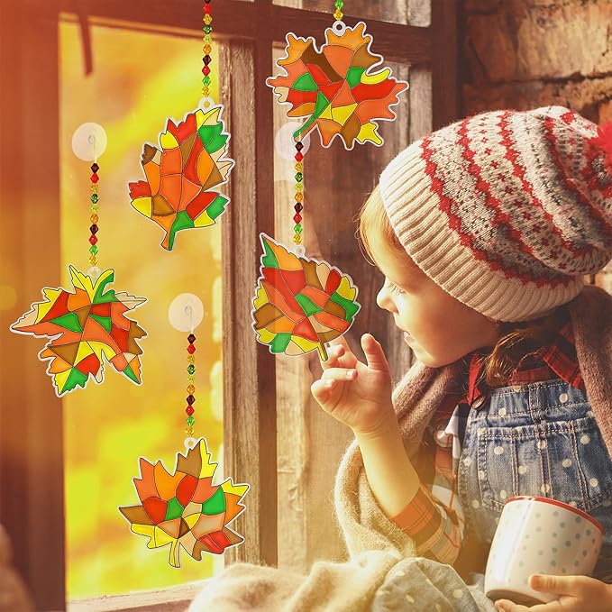 Winlyn 27 Sets Fall Leaf Suncatchers Ornaments DIY Window Paint Art Fall Craft Kits Maple Leaf Sun Catchers Painting Kits for Kids Classroom Activities Art Project Thanksgiving Autumn Party Decoration