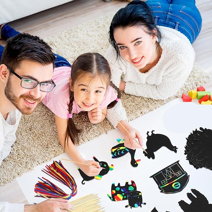 RoundFunny 80 Pcs Farm Animal Scratch Cards Farmhouse Crafts for Kids Colorful Scratch Paper Scratch Off Paper for DIY Art Kit with 80 Pcs Stick and Ribbon for Party Ornaments Favors