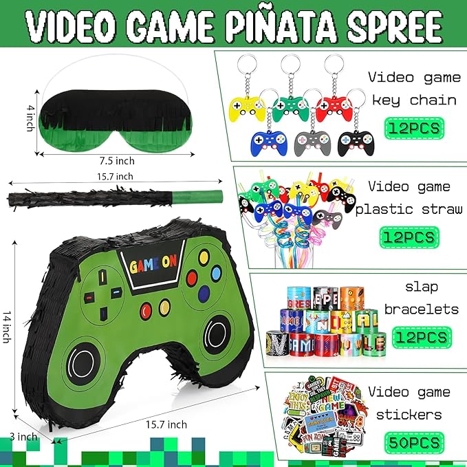 Meooeck 90 Video Game Party Favors Include Game Controller Piñata with Blindfold Baton Confetti Slap Bracelet Keychain Straw Sticker Gamer Party Favors Gamer Birthday Decorations for Theme(Green)