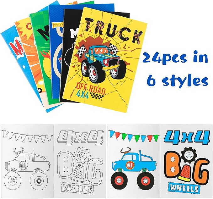 MALLMALL6 24Pcs Monster Truck Coloring Books Including Trucks Off Road 4x4 Muscle Cars SUV DIY Art Drawing Pattern Birthday Party Favors Gifts Home School Classroom Activity Supply for Kids Boys Girls