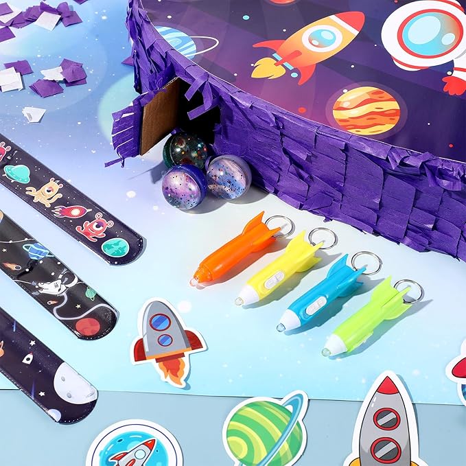 Meooeck 90 Pcs 16 x 12 x 3 Rocket Ship Pinata with Blindfold Pinata Stick Confetti Set, Kid Outer Space Party Favors Include Slap Bracelet Tattoo Sticker Bouncy Ball Flashlight Keychains Space Pinata