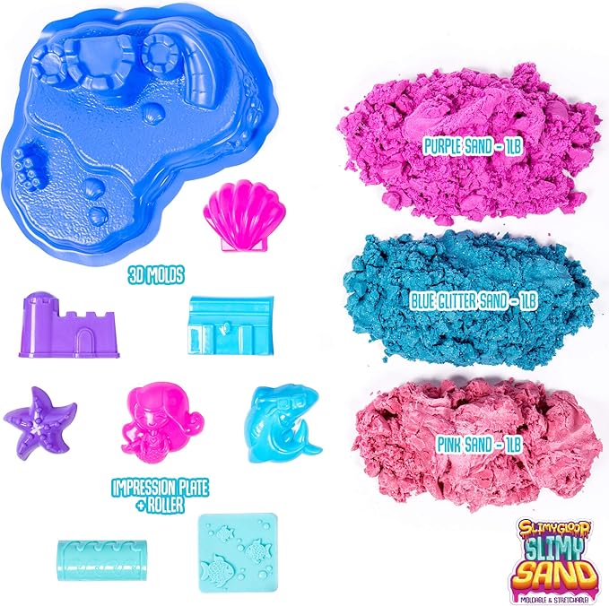 Magical Mermaid, 3 Pounds of SlimySand in 3 Colors (Purple, Blue Glitter & Pink),7 3D Molds & More! Reusable Box. Super Stretchy & Moldable Cloud Slime, Great For Tactile Fun, Multi