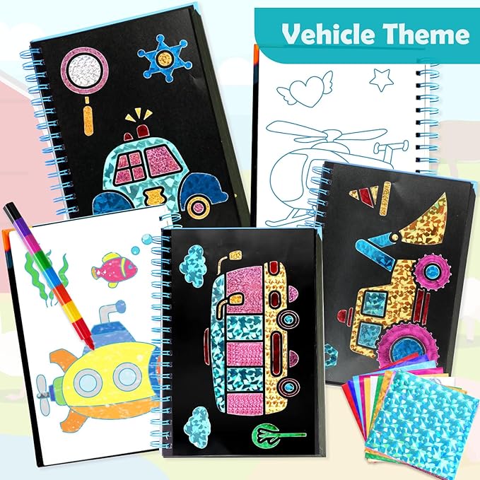 Foil Art Craft Activity for Kids: Fun DIY Toy Sticker Kit, No Mess Creative Travel Supply Set, Idea Birthday Easter Basket Stuffers Valentines Gift for Girl Boy Toddler 4 5 6 7 8 9 Year Old(Vehicle)