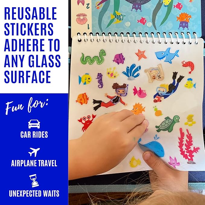 Kids Small Size Travel Educational Activity Book with Washable Markers (7"x7") - Car and Airplane Activities, Learning Toys for Toddlers - Search and Find, Reusable Stickers for Ages 4, 5, 6 (Ocean)