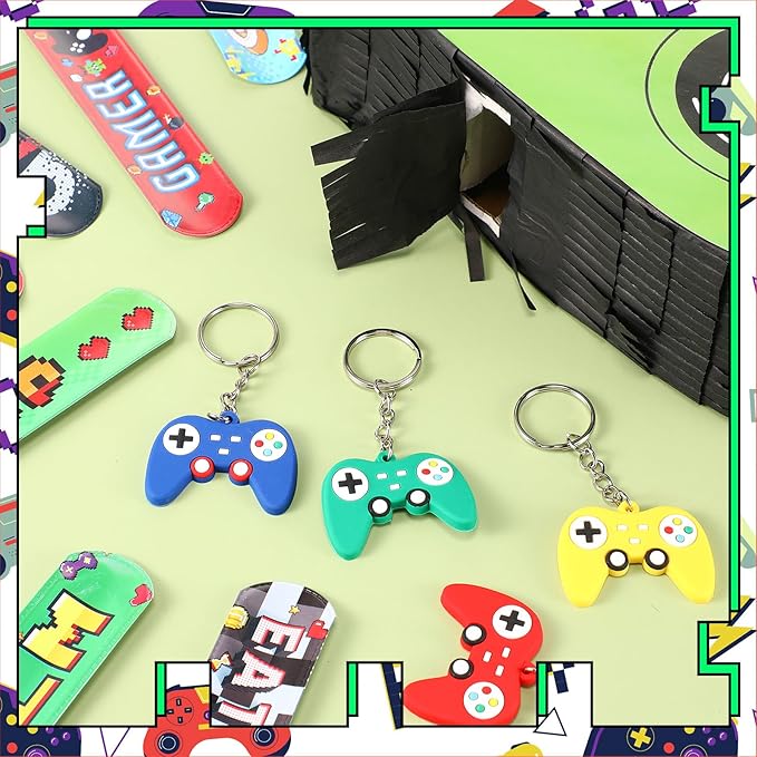 Meooeck 90 Video Game Party Favors Include Game Controller Piñata with Blindfold Baton Confetti Slap Bracelet Keychain Straw Sticker Gamer Party Favors Gamer Birthday Decorations for Theme(Green)