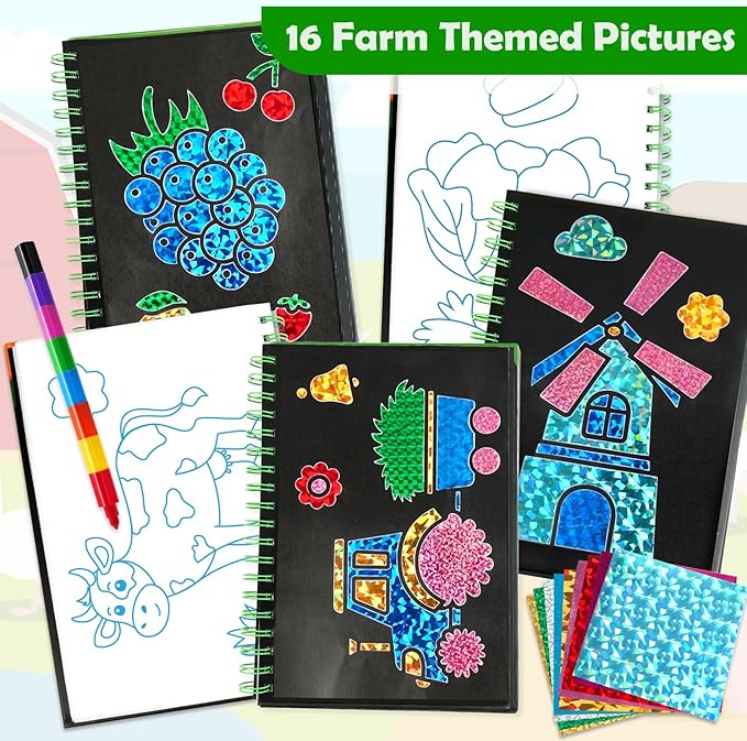 Foil Art Craft Activity for Kids: Fun DIY Toy Sticker Kit, No Mess Creative Travel Supply Set, Idea Birthday Easter Basket Stuffers Valentines Gift for Girl Boy Toddler 4 5 6 7 8 9 Year Old (Farm)