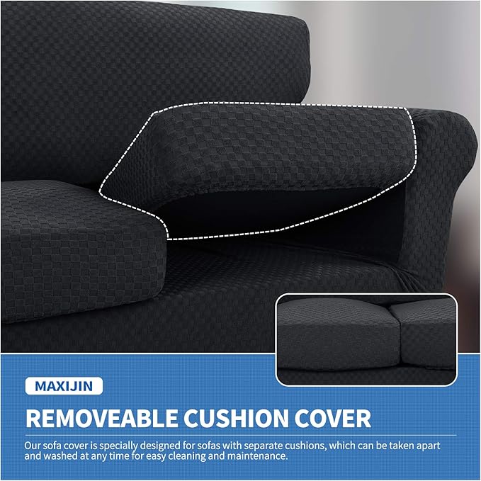 MAXIJIN 4 Piece Jacquard Extra Large Couch Covers for 3 Cushion Couch Super Stretch Non Slip Couch Cover for Dogs Pet Friendly Sofa Slipcover Furniture Protector (Oversized Sofa, Black)