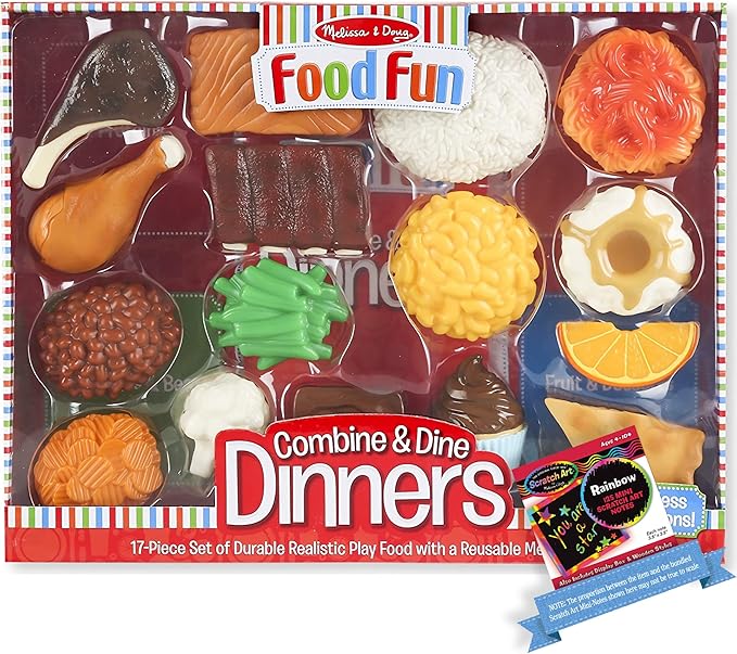 Melissa and Doug Combine and Dine Dinners: Food Fun Toy Play Set Bundle with 1 Theme Compatible M and D Scratch Art Mini-Pad (08267)