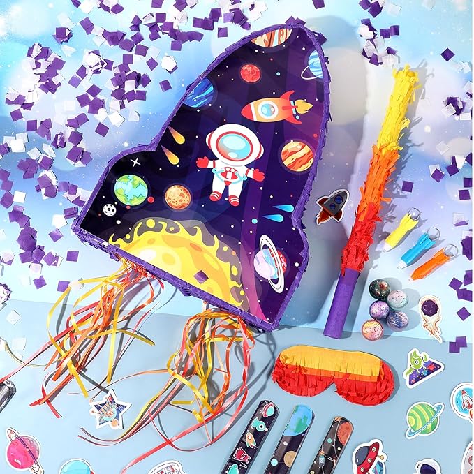 Meooeck 90 Pcs 16 x 12 x 3 Rocket Ship Pinata with Blindfold Pinata Stick Confetti Set, Kid Outer Space Party Favors Include Slap Bracelet Tattoo Sticker Bouncy Ball Flashlight Keychains Space Pinata