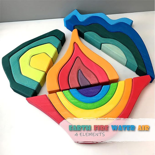 'Four Elements' Rainbow X-Large Rainbow Blocks, Wooden Toys for Kids, Geometric Building Puzzle, Volcano/House Educational Set