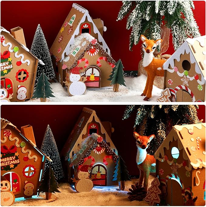 Sumind 3 Sets Christmas Gingerbread House Kit Small Xmas DIY Craft Kit Mini Christmas Cardboard Make-a-Gingerbread House Craft for Christmas Party Craft Holiday Supplies Decor(Classic Style)