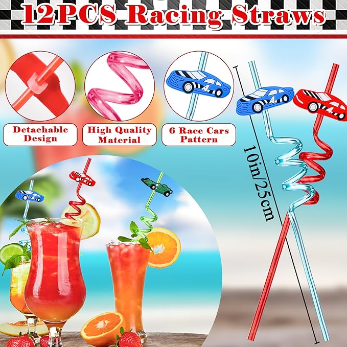 Winrayk Race Car Party Favors Birthday Supplies Drinking Straw Checkered Bag Mini Pull Back Car Bracelet Luminous Tattoo Sticker Keychain Racing Games Boys Kid Race Car Pinata Filler Goody Bag Stuffer