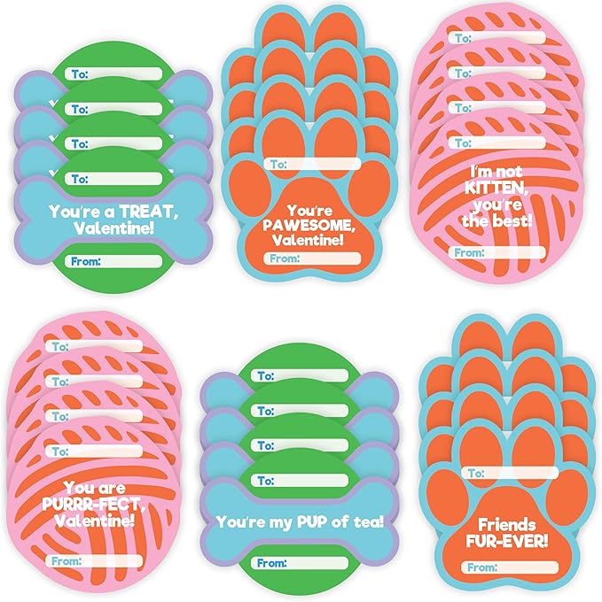 Set of 24 Valentines Cards for Kids Classroom -Valentine's Day Cats & Dogs Wood Painting Kits for Kids School -Each Valentines Gift Includes Complete Craft Kit & Card for Boys Girls Classroom Exchange