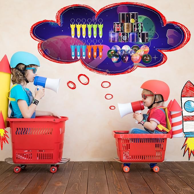 Meooeck 90 Pcs 16 x 12 x 3 Rocket Ship Pinata with Blindfold Pinata Stick Confetti Set, Kid Outer Space Party Favors Include Slap Bracelet Tattoo Sticker Bouncy Ball Flashlight Keychains Space Pinata