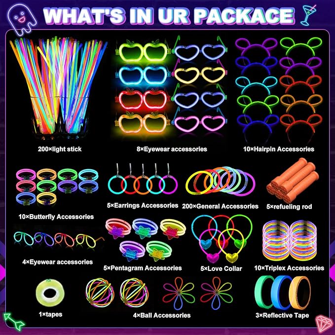 470psc Glow in the Dark Party Supplies for Kids Adults birthdays,Light Up Party Favors with,200 Glow Sticks Bulk,DIY Glow Necklaces Glasses Bracelets Headband, Christmas Party Neon Party Supplies