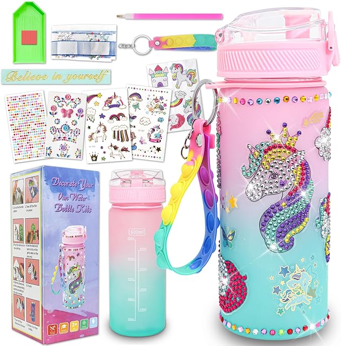 Gifts for Girls 4-12, Decorate Your Own Water Bottle Kits for Girls, Unicorn Diamond Crafts Painting Toys, Kids Water Bottle for School, Valentine's Day and Birthday Gifts Toys for Girls (Unicorn 2)