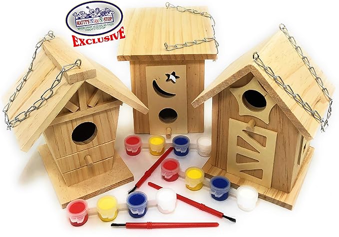 Matty's Toy Stop Paint Your Own Small Wooden Birdhouses (Includes Paints & Brushes) Gift Set Bundle - 3 Pack