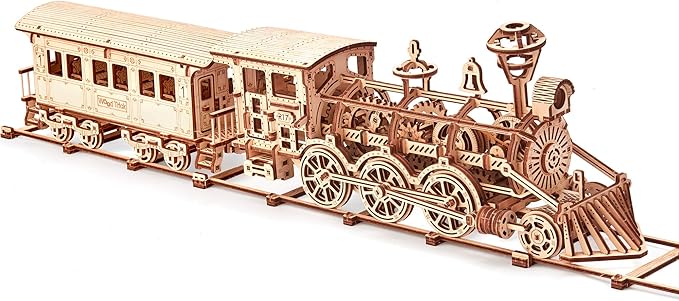 Wood Trick Wooden Toy Train Set with Railway - 34x7″ - Locomotive Train Toy Mechanical Model Kit - 3D Wooden Puzzles for Adults and Kids to Build - Engineering DIY Wooden Models for Adults to Build