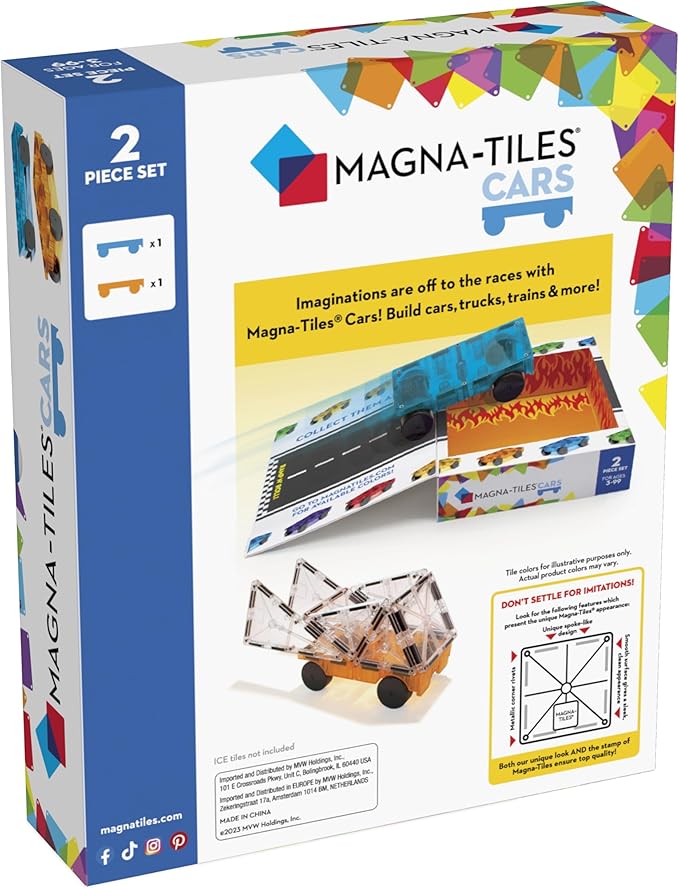 MAGNA-TILES Cars – Blue & Orange 2-Piece Magnetic Construction Set, The Original Magnetic Building Brand