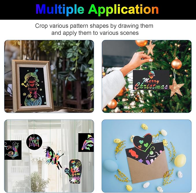 Cityrosy 60 Pcs Scratch Art Paper Rainbow Sets Black Scratch Off Paper Easter Gifts for Kids Magic Rainbow Scratch Off Set Crafts Supplies Kits for Age 3-12 Kids for Party Games Easter Christmas