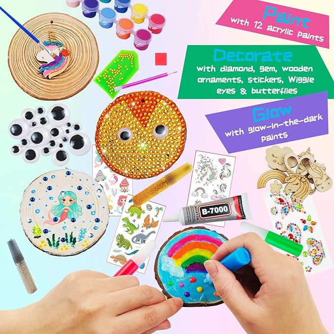 KIRKOTOY Wooden Crafts Kit for Kids-Glow in The Dark-Arts & Crafts Gifts for Boys Girls Age 6-12, 24 Wood Slices with Painting Craft Activities Kits, Creative Art Toys for 6 7 8 9 10 11 12 Year Old