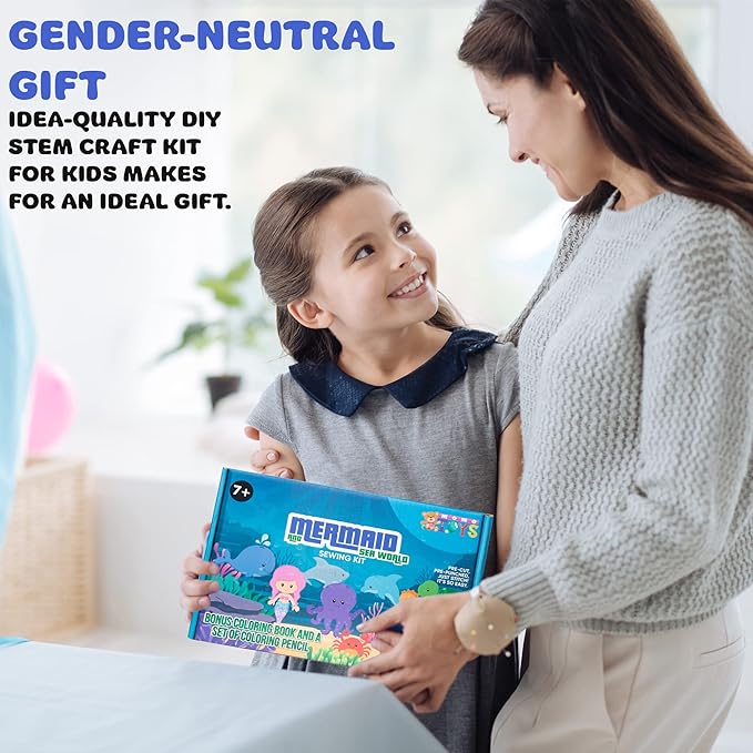 MOMOTOYS Kids Sewing Kit for Kids, Fun & Educational Mermaid and Sealife Sew Craft Set for Boys and Girls Ages 8-12, Complete Beginner Sewing Kit with Felt Plushie for Creative DIY Projects