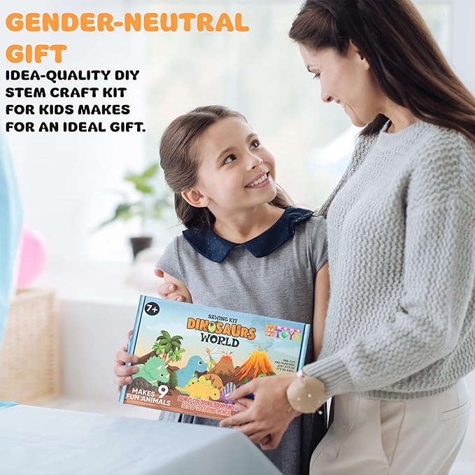 MOMOTOYS Sewing Kit for Kids, Fun & Educational Dinosaur Sew Craft Set for Boys and Girls Ages 8-12, Complete Beginner Kids Sewing Kit with Felt Plushie for Creative DIY Projects