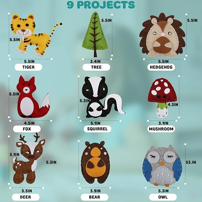 MOMOTOYS Kids Sewing Kit for Kids, Fun & Educational Woodland Animals Sew Craft Set for Boys and Girls Ages 8-12, Complete Beginner Sewing Kit with Felt Plushie for Creative DIY Projects