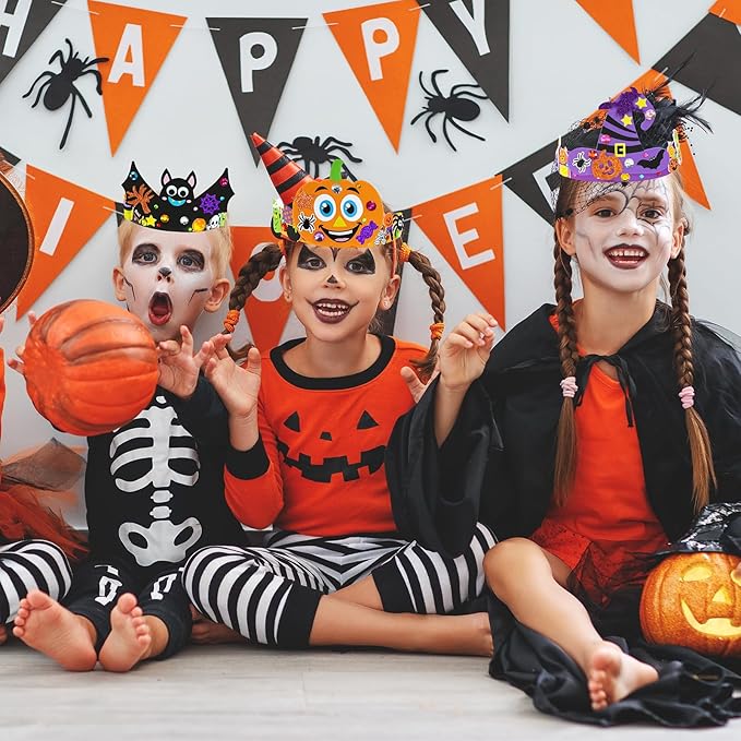 Winlyn 24 Sets Halloween Headbands Craft Kits DIY Crown Art Sets Spider Bat Jack-o'-Lantern Witch Hat with Halloween Foam Stickers Crafts for Kids Classroom Activities Halloween Party Trick-or-Treat