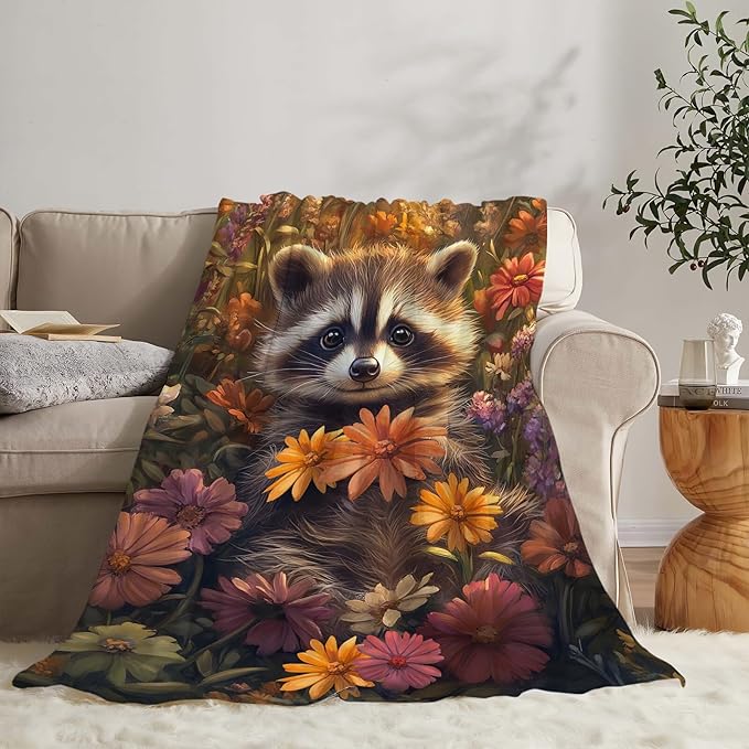 Raccoon Throw Blanket Cute Cartoon Raccoon Gifts for Kids Girls Boys Adults Women Men Soft Cozy Warm Plush Fluffy Fuzzy Fleece Blanket Birthday Festival Home Decor 40''X50''