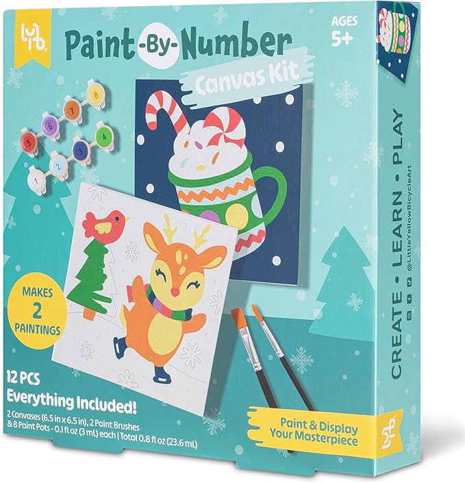 Reindeer Paint-by-Number Kit - Complete Art Set W/ 2 Canvases, 2 Brushes & 8 Paint Pots, Holiday-Themed, Kid & Adult Craft Kit