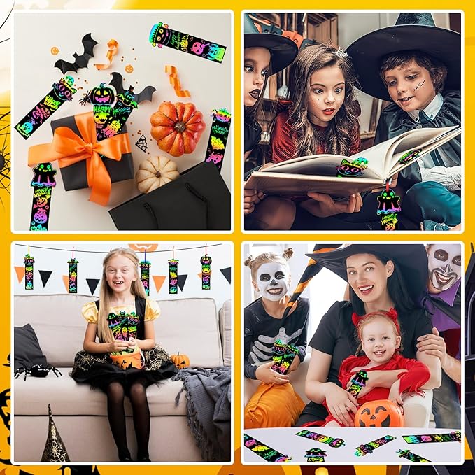 AUGSUN 96Pcs Halloween Scratch Bookmarks, Cute Pumpkin Bat Spider DIY Crafts Kit Rainbow Magic Scratch Paper Art School Classroom Activity Halloween Party Favors
